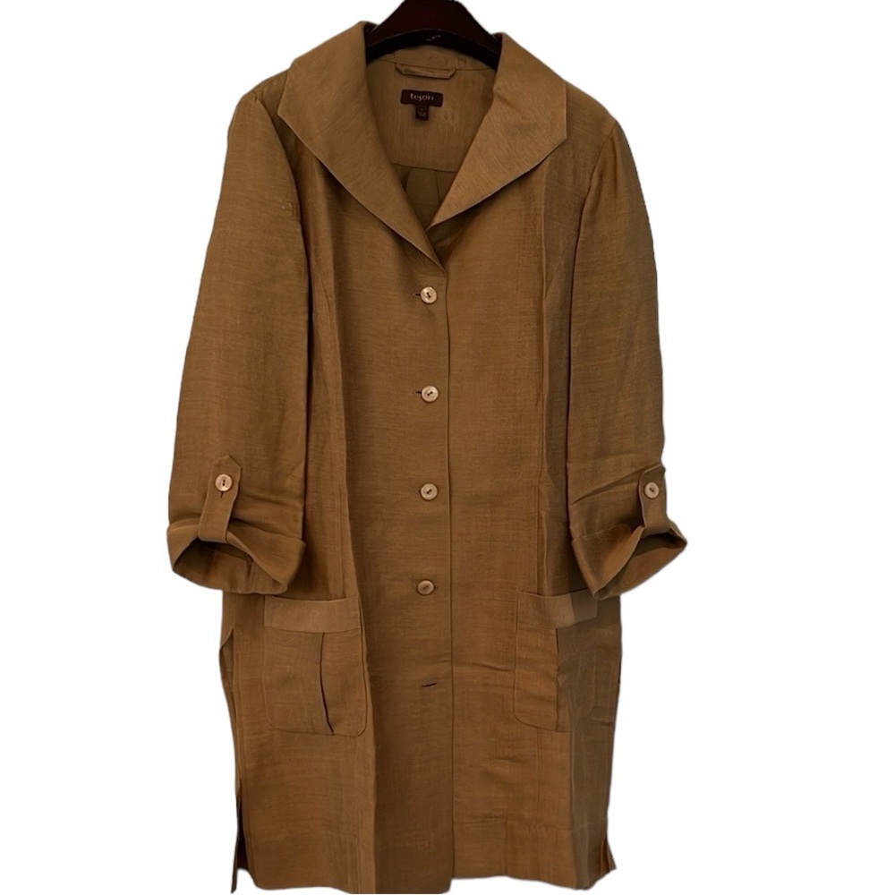 Linen duster. Gorgeous bronze. Wide collar. Tabbed roll sleeve. Patch pots